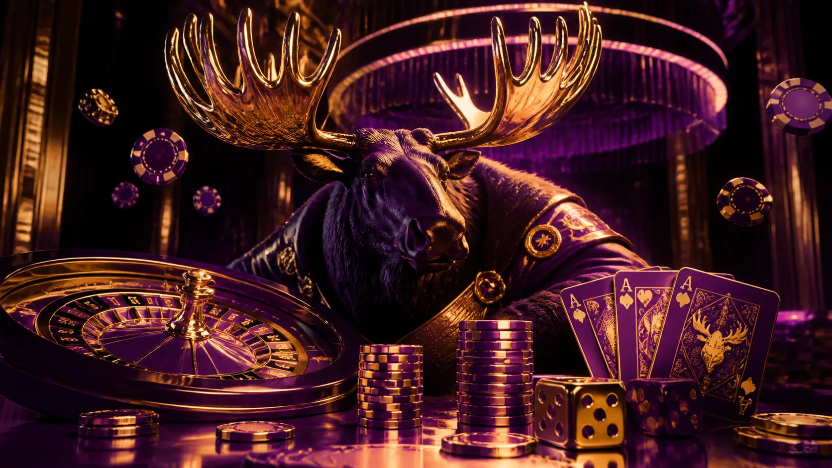 Cinematic casino banner featuring moose-themed poker chips and glowing elements in a rich palette