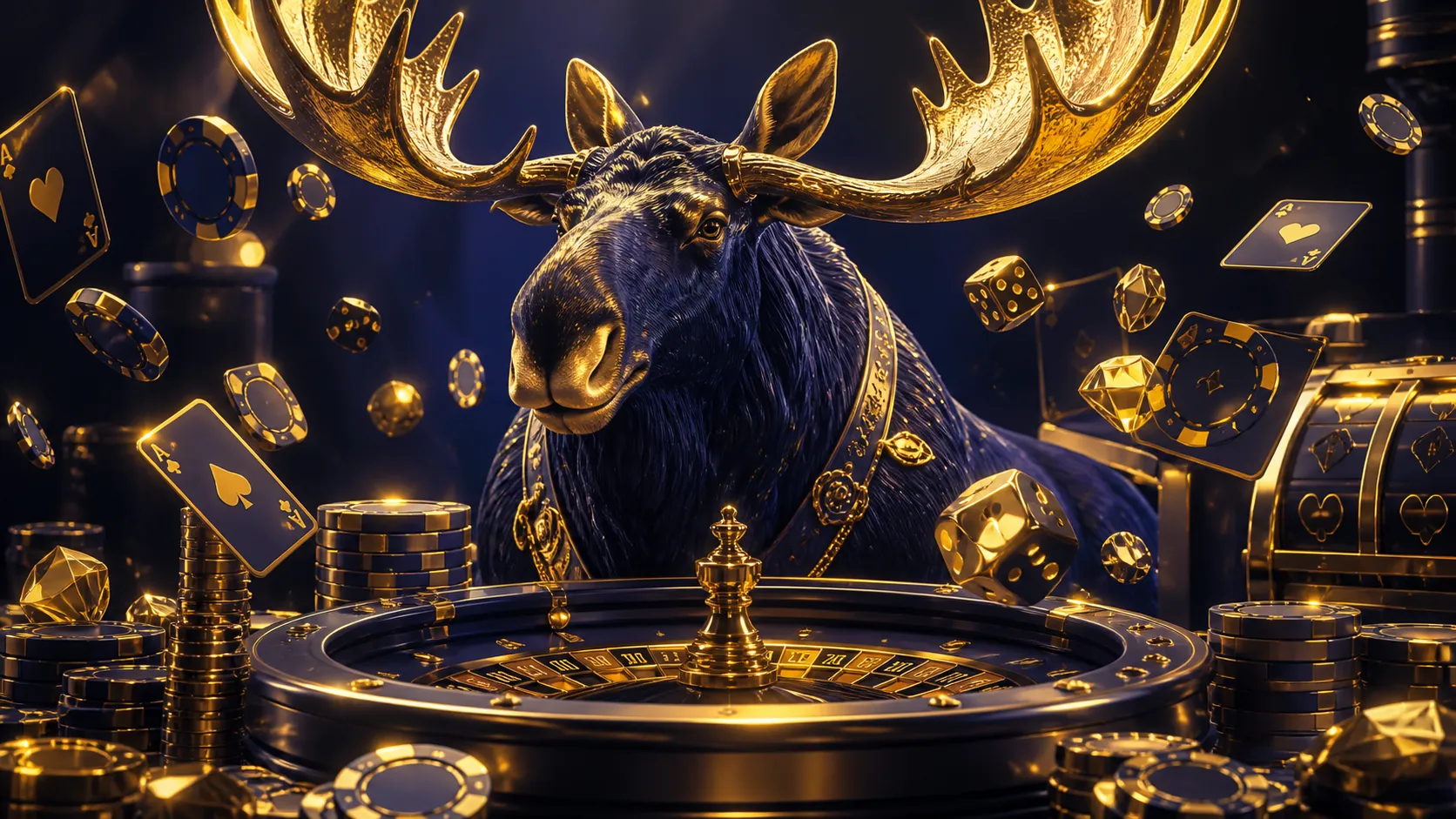 Luxurious casino-themed banner with moose-inspired elements in vibrant colors.
